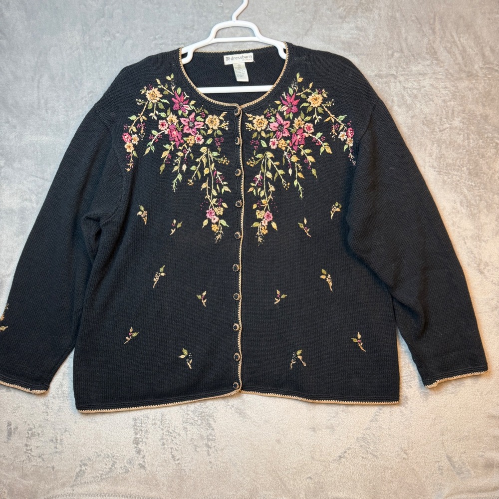 Cardigan Sweater Womens 2X Black Floral Embroidered Knit Granny Core Ramie Blend